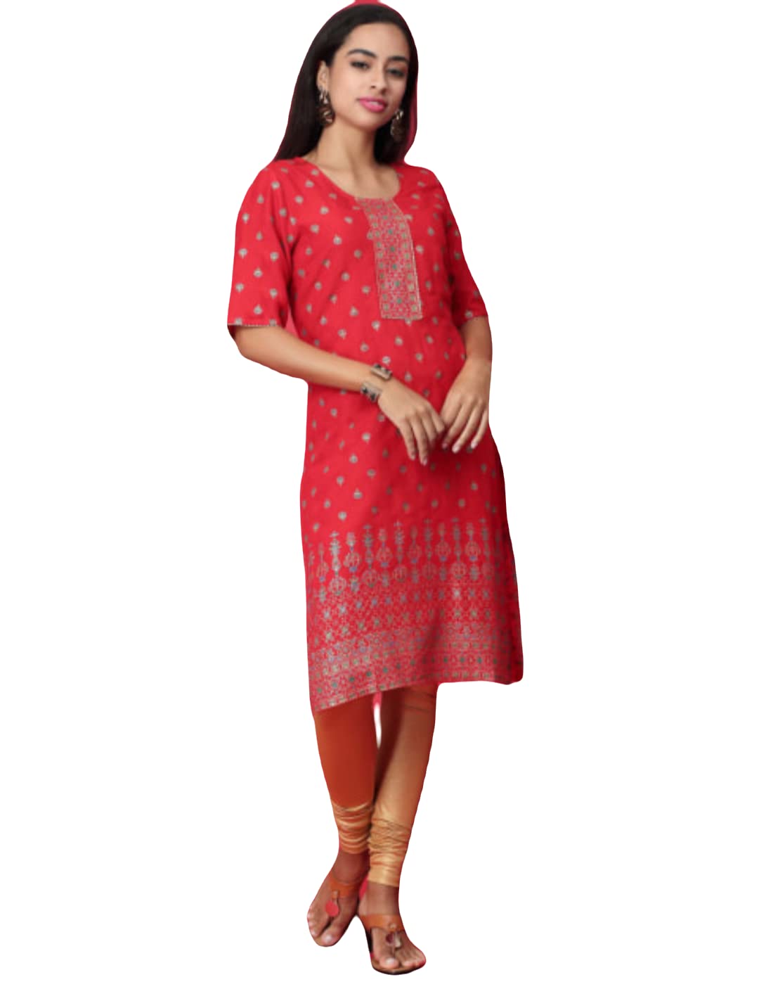 ATTIRIS Women's Rayon Printed Round Neck Straight Knee Length Kurta, Red, 3/4th Sleeve