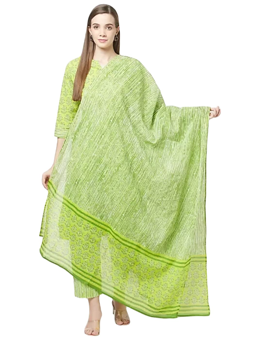 ATTIRIS Women's Cotton Printed Straight 3/4th Sleeve Kurta Set with Dupatta, Green