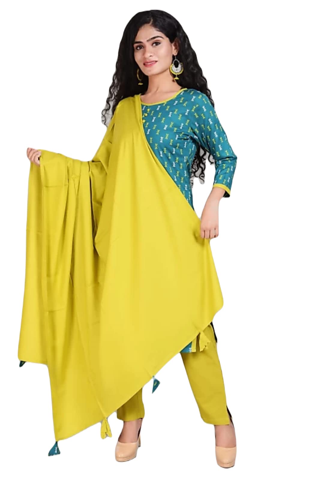 ATTIRIS Women's Rayon Printed Straight Round Neck 3/4th Sleeve Kurta Set with Dupatta, Green