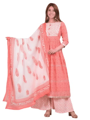 ATTIRIS Women's Cotton Printed Flared A - Line Round Neck 3/4th Sleeve Kurta Set with Dupatta, Pink