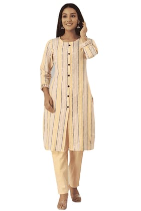 ATTIRIS Women's Cotton Striped Straight Round Neck 3/4th Sleeve Kurta Trouser Set, Yellow