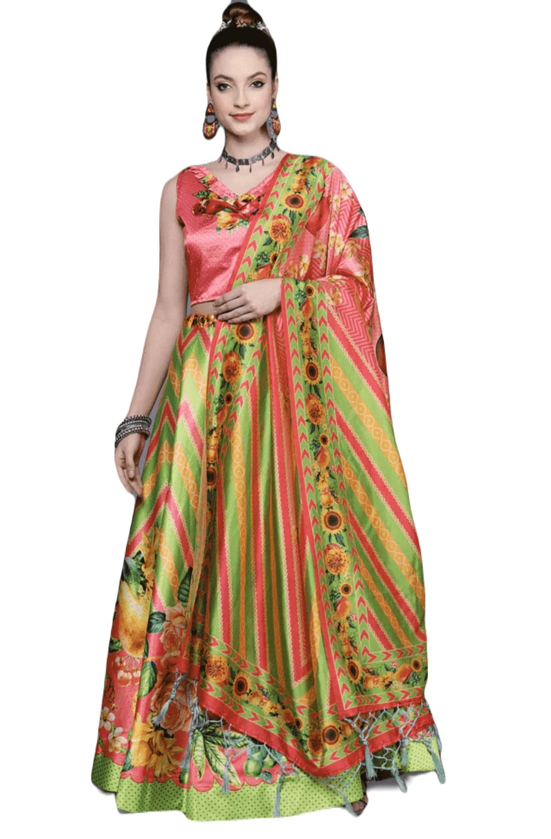 ATTIRIS Women's Satin Silk Printed Semi-Stitched Lehenga Choli with Can-Can