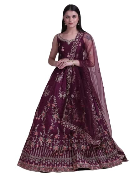 ATTIRIS Women's Taffeta Silk Embroidered Semi-Stitched Lehenga Choli with Dupatta