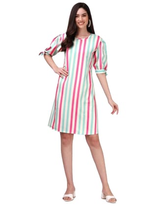 ATTIRIS Women's Polyester Striped Knee Length Half Sleeve Sheath Dress, Multicolored