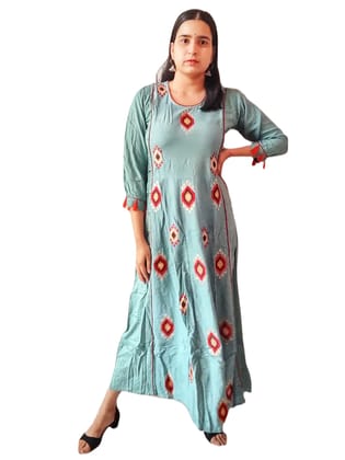 ATTIRIS Women's Rayon Embroidered Round Neck 3/4th Sleeve Ankle Length A-Line Kurta, Green