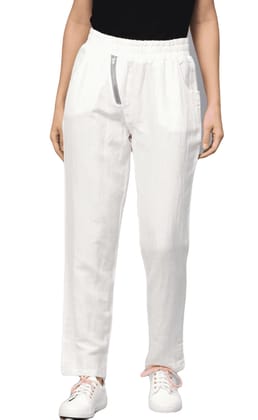 ATTIRIS Women's Cotton Regular Fit Mid Rise Ankle Length Elastic Waist Trouser, White