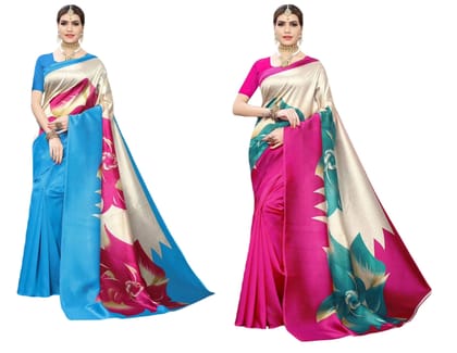 ATTIRIS Women's Art Silk Digital Print Saree with Blouse Piece, Pack of 2