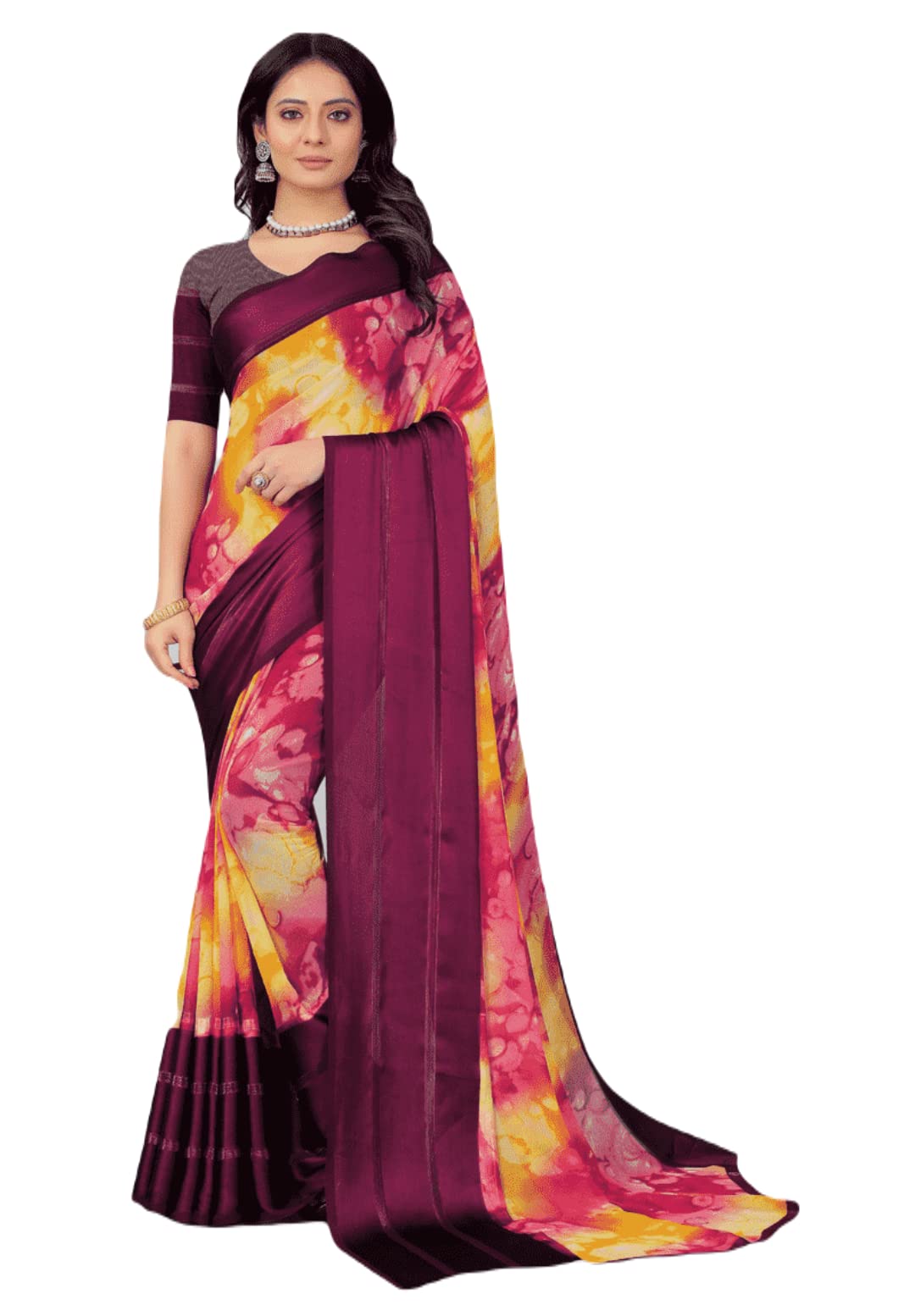 ATTIRIS Women's Georgette Satin Printed Saree with Blouse Piece (0.8m), Solid Satin Border