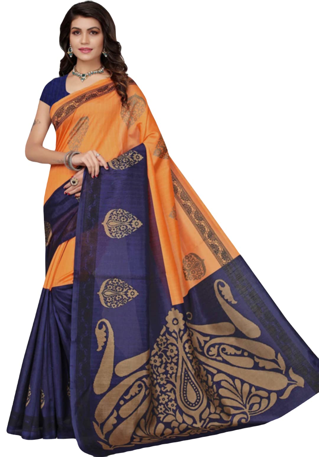 ATTIRIS Women's Art Silk Digital Print Saree with Blouse Piece, (0.8m)