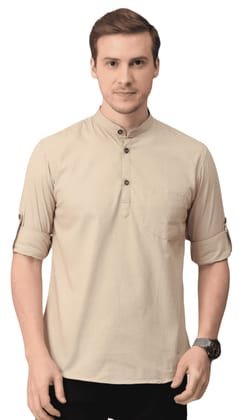 ATTIRIS Men's Cotton Solid Regular Fit Full Sleeve Band Collar Shirt, Beige