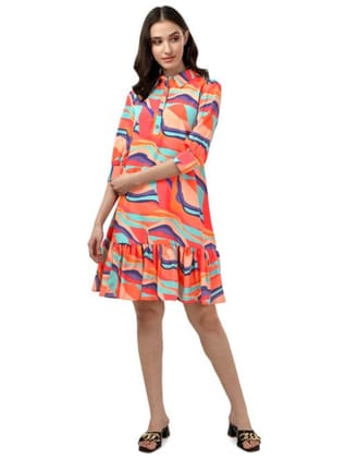 ATTIRIS Women's Ployester Floral Printed Knee Length Band Collar Neck 3/4th Sleeve Fit and Flare Dress