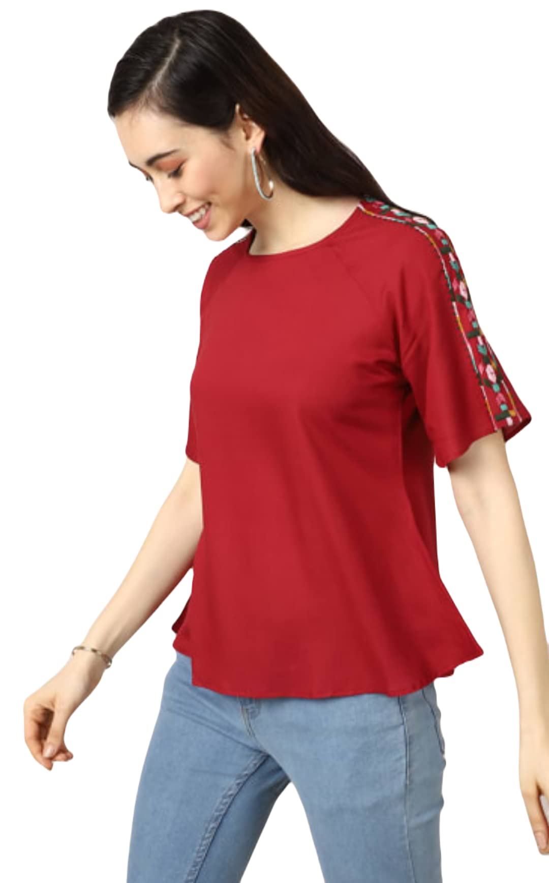 ATTIRIS Women's Rayon Solid Round Neck Regular Waist Length Top, Maroon