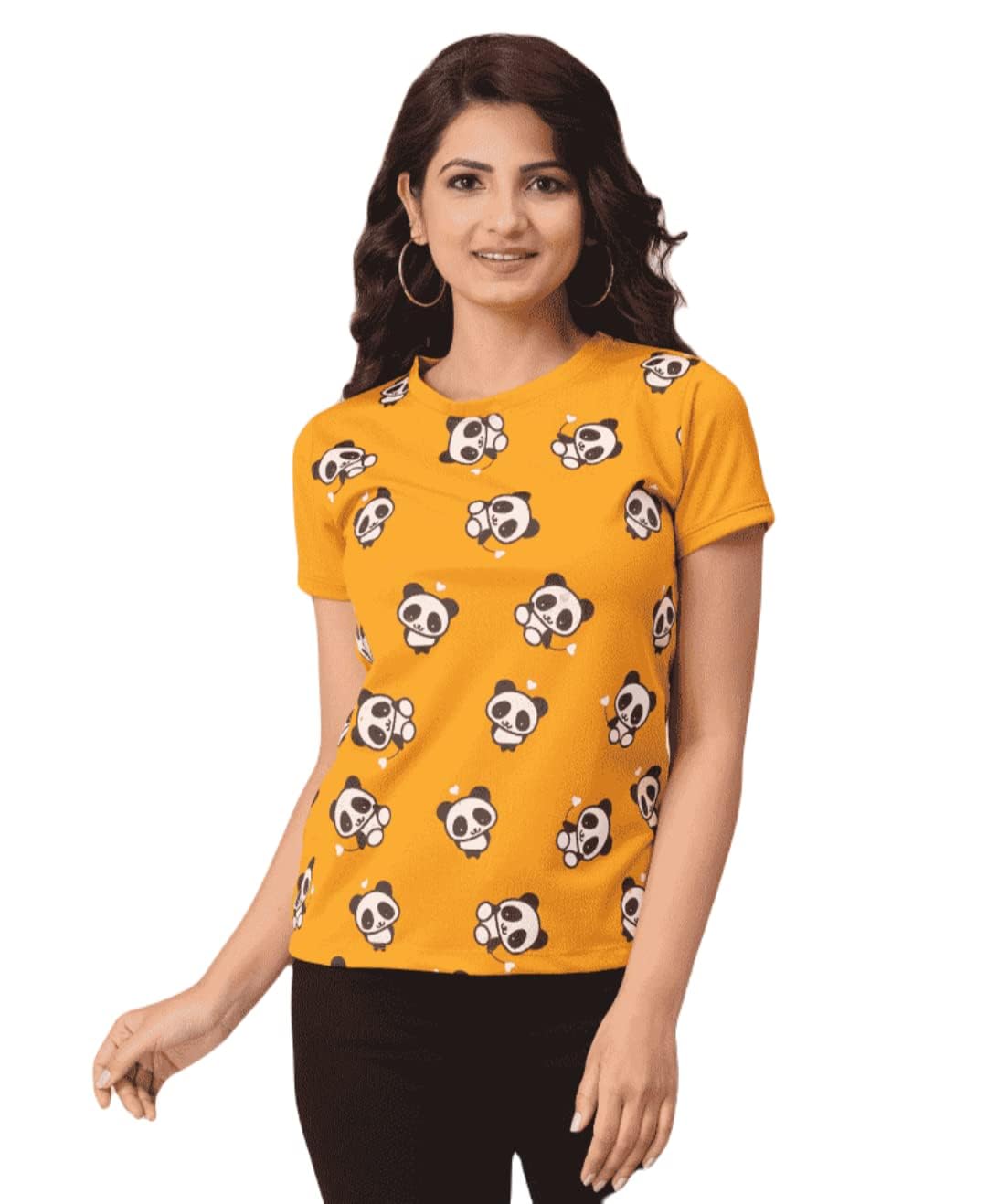 ATTIRIS Women's Polyester Printed Round Neck Short Sleeve Waist Length T-Shirt, Yellow