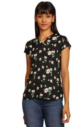 ATTIRIS Women's Crepe Floral Print Regular Fit Top, Black