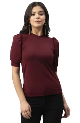 ATTIRIS Women's Lycra Solid Round Neck Blouson top, Maroon