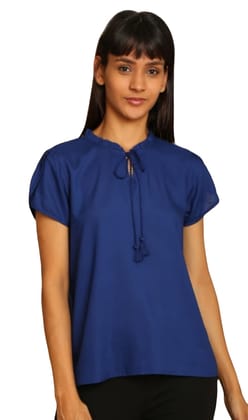 ATTIRIS Women's Rayon Solid Tie-Neck Regular Waist Length Top, Dark Blue