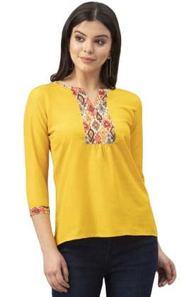 ATTIRIS Women's Crepe Solid Regular Fit Waist Length Top, Yellow, 3/4th Sleeve