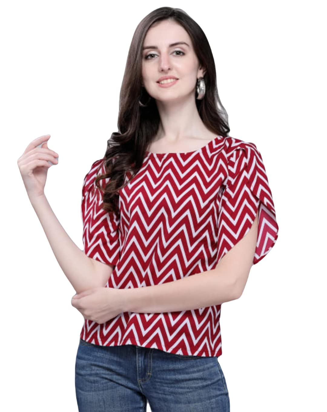 ATTIRIS Women's Crepe Printed Round Neck Top, Red