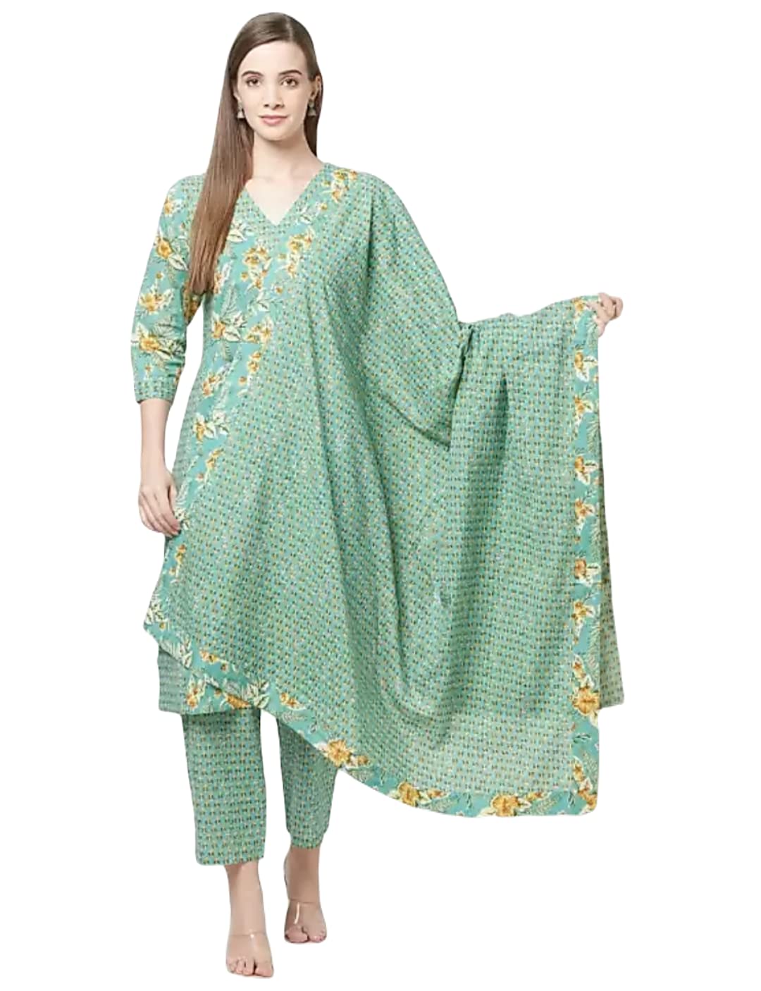 ATTIRIS Women's Cotton Block Print Straight Calf Length Kurta Set with Dupatta, 3/4th Sleeve