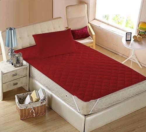 Homespun Quilted Triple Layered 100% Waterproof, Dustproof and Cooling Microfiber Infused Single Bed Mattress Protector, Maroon Color, 36x78 inches