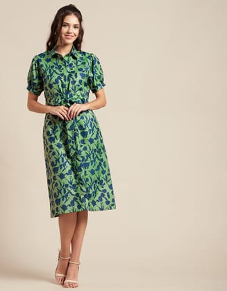 Moomaya Printed Button Down Shirt Dress For Women, Short Sleeve Midi Shirt Dress