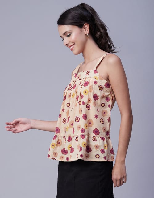 Pink Sweet Heart Neck Cotton Printed Sleeveless Noodle Strap Blouse