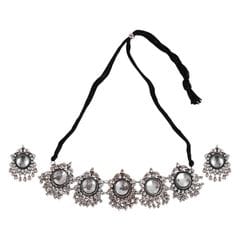 Cardinal White Stone Floral Silver Oxidized Choker Necklace Set