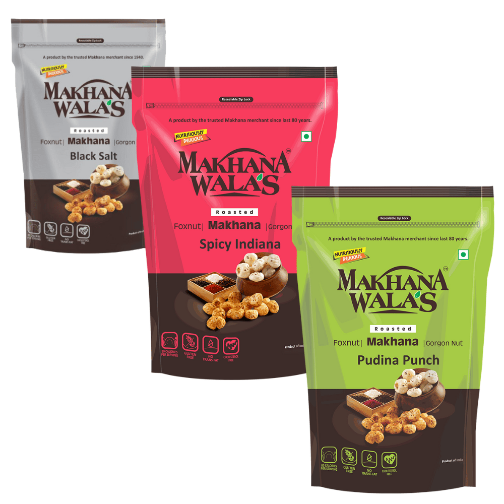 Makhanawala's Roasted & Flavoured Makhana (Foxnuts) | Gorgon nut | Gluten Free Vegan Snacks |Combo of Black Salt+Spicy Indiana+Pudhina Punch Flavored makhana, Pack of 3, 70g Each.