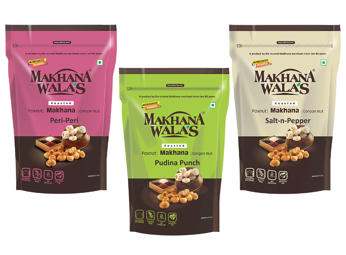 Makhanawala's Roasted & Flavoured Makhana (Foxnuts) | Gorgon nut | Gluten Free Vegan Snacks |Combo of Peri Peri + Pudhina Punch+ Salt & Peper Flavored makhana, Pack of 3, 70g Each.