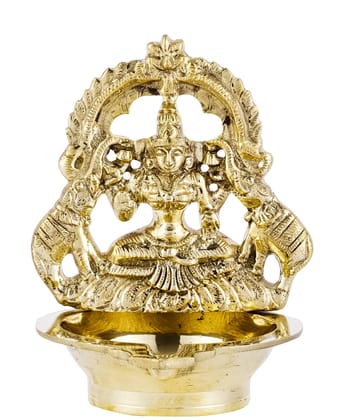 POOMPUHAR Handmade Brass Oil Lamp with Small Gajalakshmi (10 cm x 11 cm x 14 cm, Yellow)