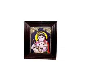 POOMPUHAR Handmade Wooden Tanjore Painting Cow Krishna (15x12 inch without frame size, Brown)