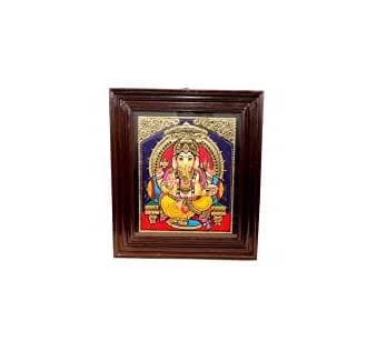 POOMPUHAR Handmade Wooden Tanjore Painting Ganesh (15X12 Inch without frame size, Gold)