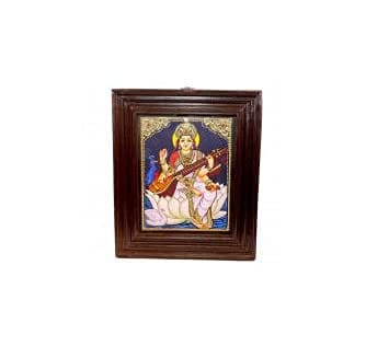 POOMPUHAR Handmade Wooden Tanjore Painting Saraswathi (15x12 inch without frame size, Gold)