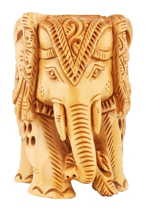 Poompuhar Wood Elephant Jolly Figurine, 3 cm x 3 cm x 9 cm, Brown, 1 Piece