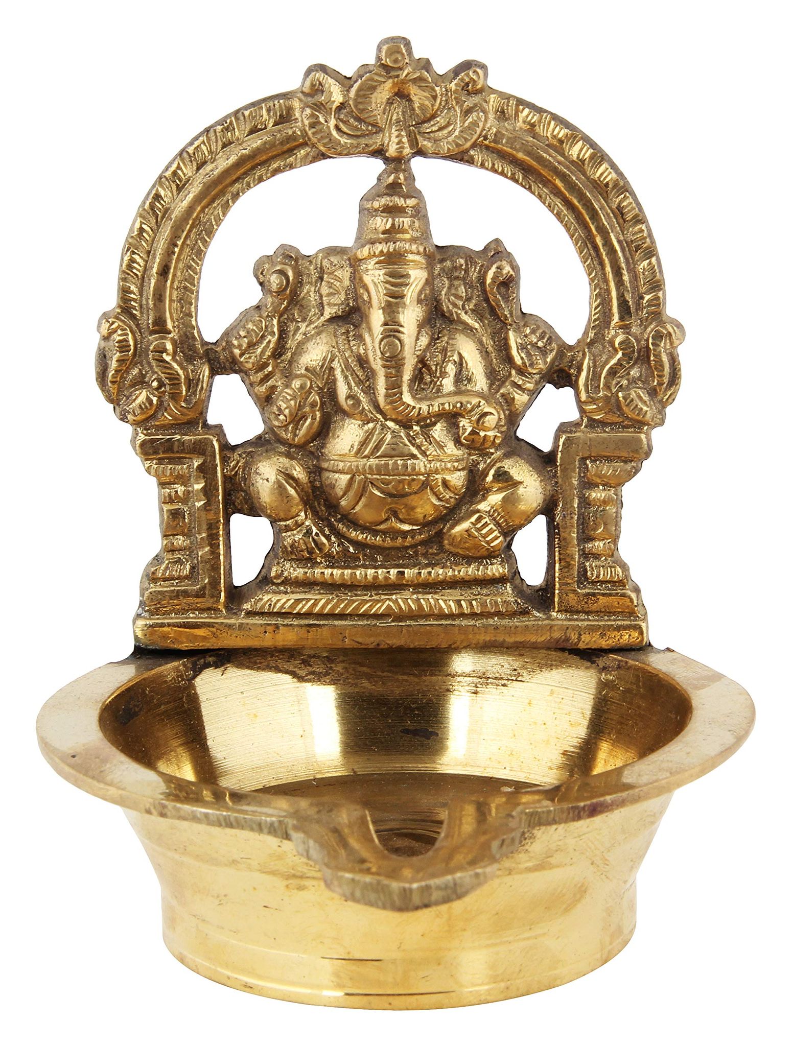 Poompuhar Brass Ganapathy Figurine Oil Lamp, 10 cm x 3 cm x 11 cm, Yellow, 1 Deepam