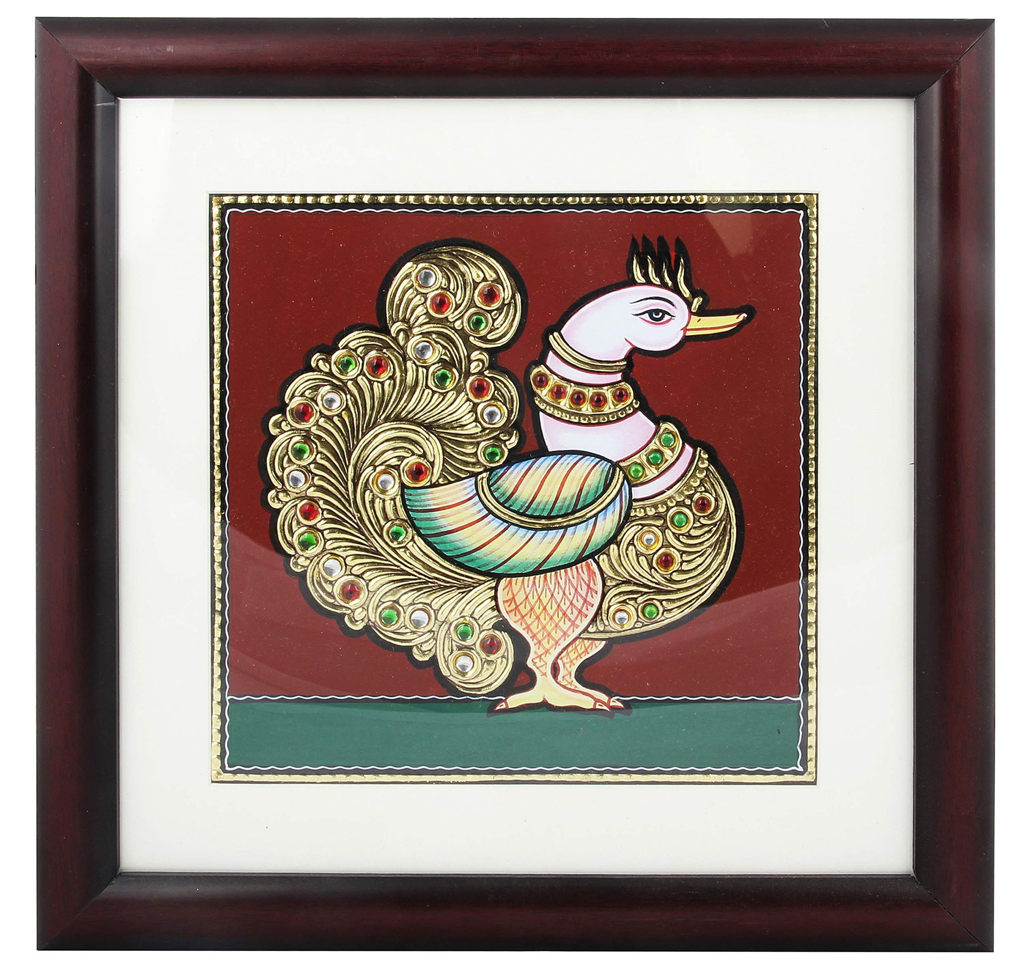 Poompuhar Peacock Tanjore Painting (Gold Foil Work, 10x10 inch without Frame Size),Multicolour )