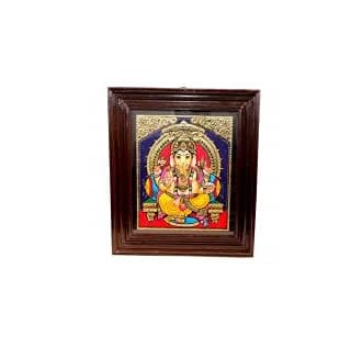 POOMPUHAR Handmade Wooden Tanjore Painting Ganesh (10x8 inch without frame size, Brown)