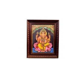 POOMPUHAR Handmade Wooden Tanjore Painting Lotusganesh (12x10 inch Gold)