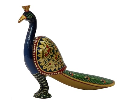 POOMPUHAR Handmade Wooden Painted Peacock Long Tail (15 cm x 5 cm x 12 cm)