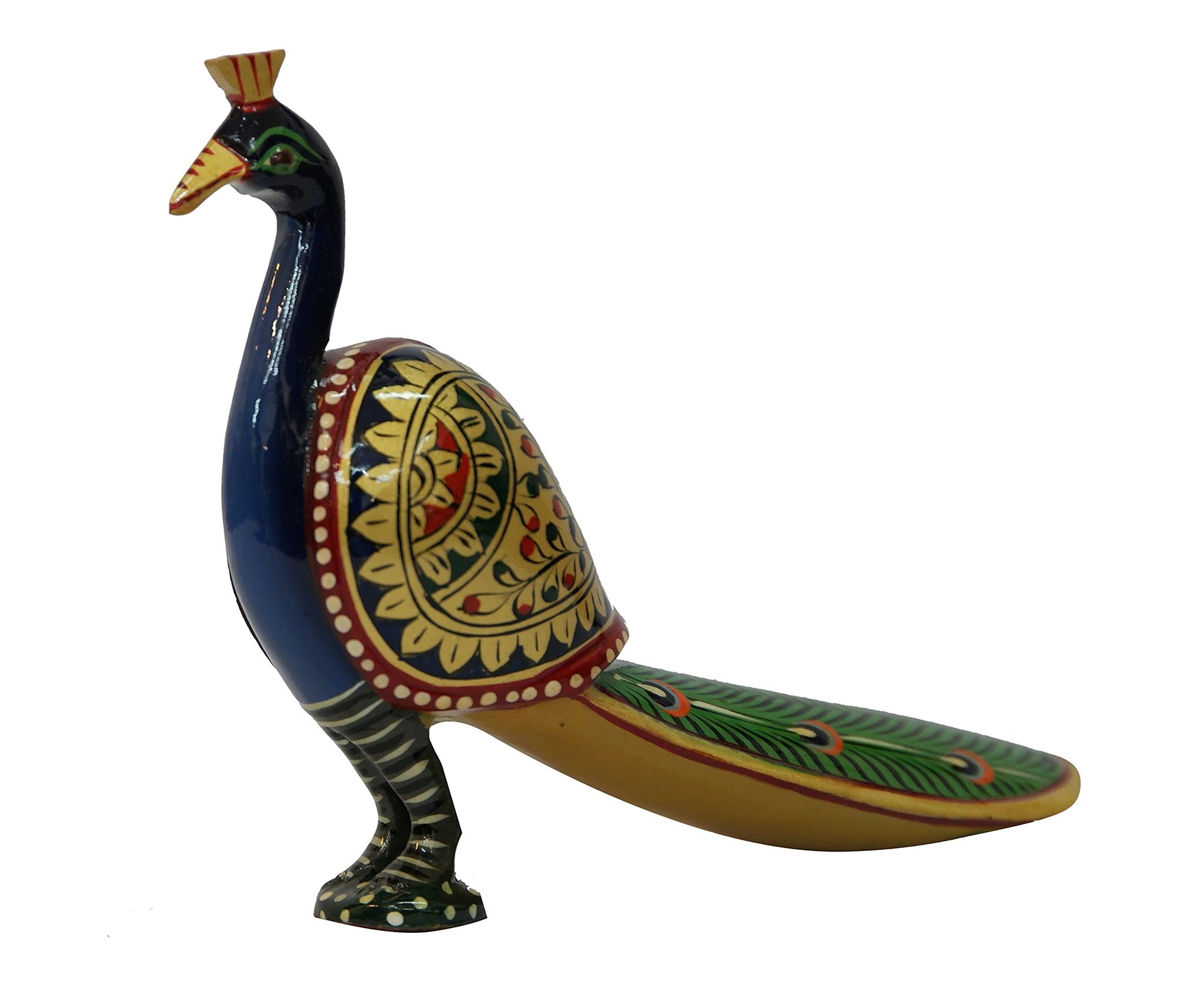 POOMPUHAR Handmade Wooden Painted Peacock Long Tail (15 cm x 5 cm x 12 cm)