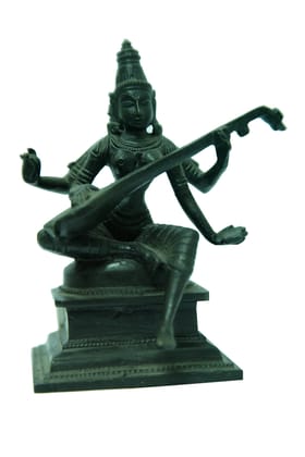 POOMPUHAR Handmade Brass Oxidised Sitting Saraswathi (10 cm x 7 cm x 12 cm, Black)