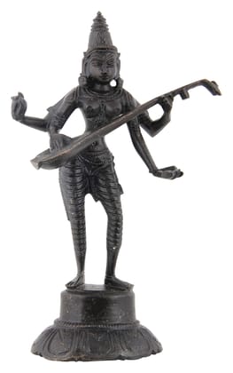 Poompuhar Brass Oxidized Saraswathi Idol (6 cm x 6 cm x 15 cm, Black)