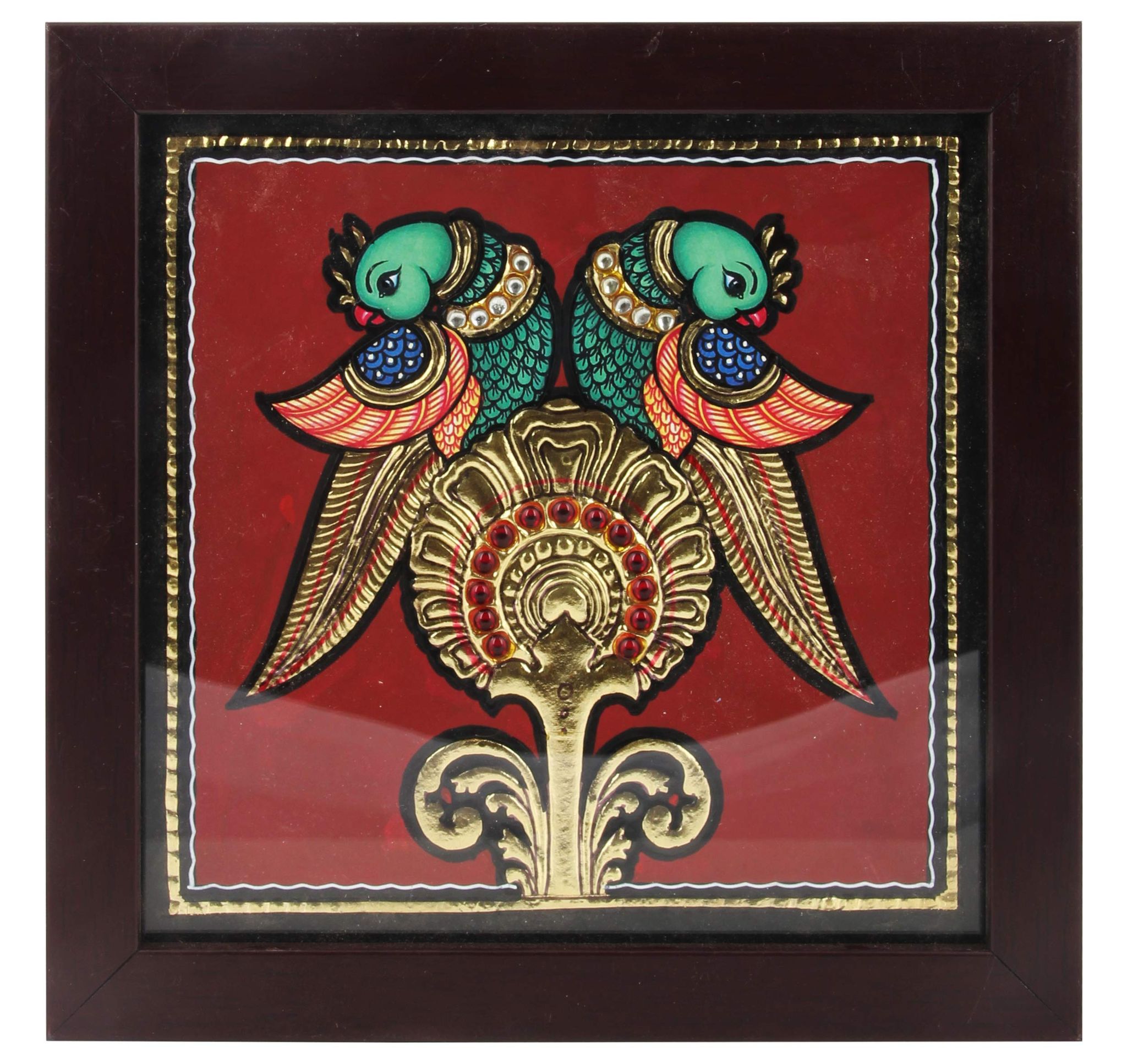 Poompuhar Metal Double Parrot Tanjore Painting, Multicolour, Birds, 7 x 0.5 x 7 inch