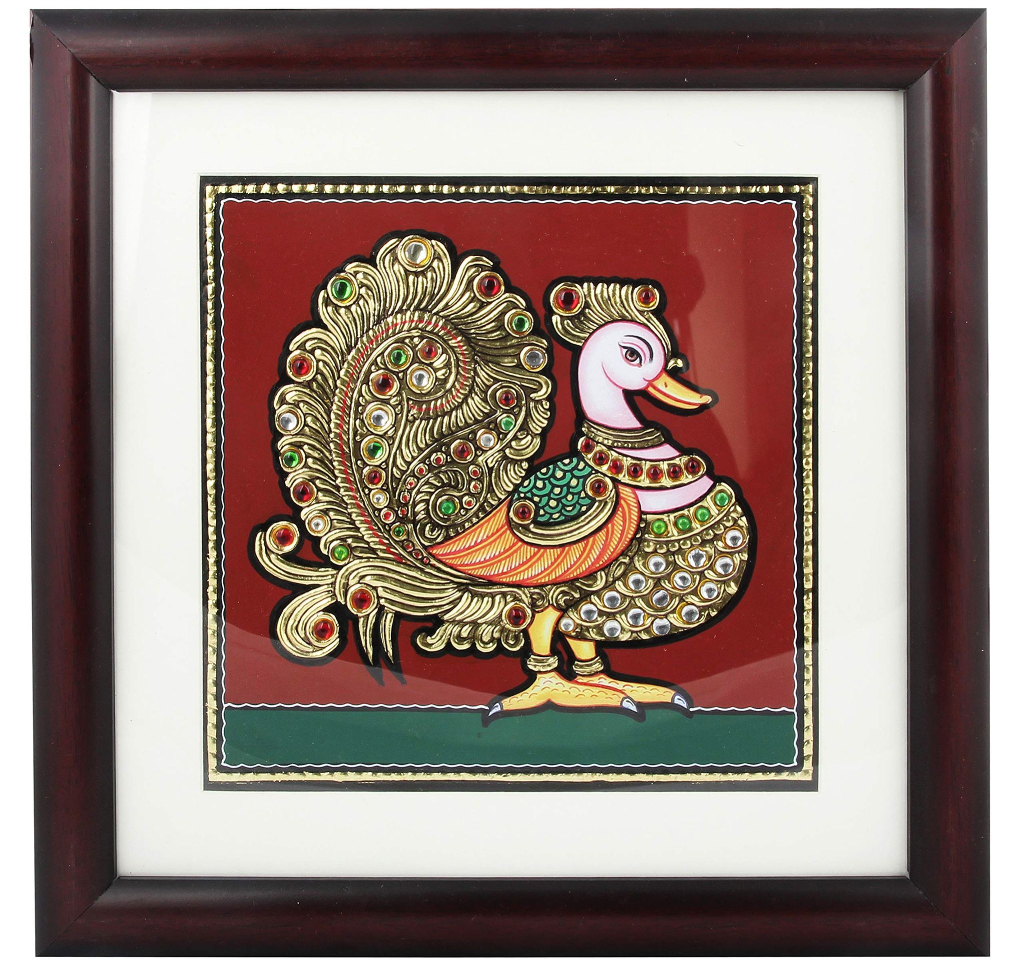 Poompuhar Peacock Tanjore Painting (Gold Foil Work, 12 inch x 0.5 inch x 12 inch, THDC_096 , Multicolour )