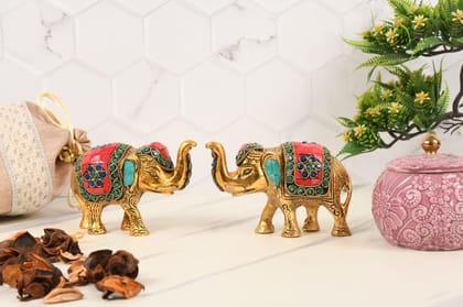 Kalakriti Multicoloured Stone Studded Metal Trunk up Elephant Showpiece for Good Luck (Vaastu) | Elephant Statues Idol for Home Decor | Gift