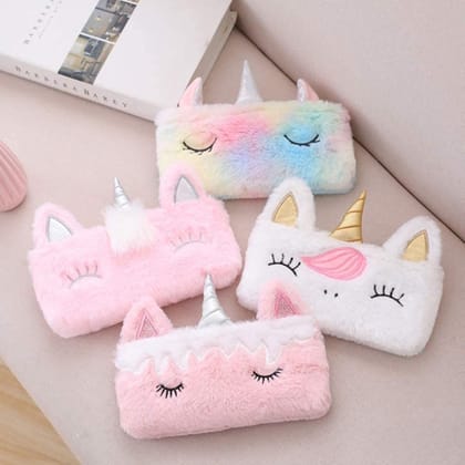 Smizzy Unicorn Soft Plush Fur Fabric Pencil Case Holder Beauty Makeup Storage Case Pouch- Kids School Supply Organizer Students Stationery Pouch for Girls, Assorted Design,(21x15 cm,1 pc, Pink)