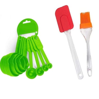 Sakoraware Plastic Measuring Cups Spoons Set (8 pcs) with Ring Holder, Green Combo with Silicone oiling Brush Spatula Set (9 inch Each) for Baking Cooking