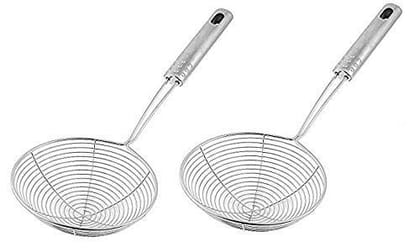 Sakoraware� Stainless Steel (Set of 2) Deep Fry Strainer Wire Skimmer with Spiral Mesh, Professional Grade Handle Spoon Ladle for Pasta/Chips/French Fries (14 cm and 16 cm)