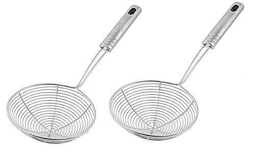 Sakoraware� Stainless Steel (Set of 2) Deep Fry Strainer Wire Skimmer with Spiral Mesh, Professional Grade Handle Spoon Ladle for Pasta/Chips/French Fries (14 cm and 16 cm)