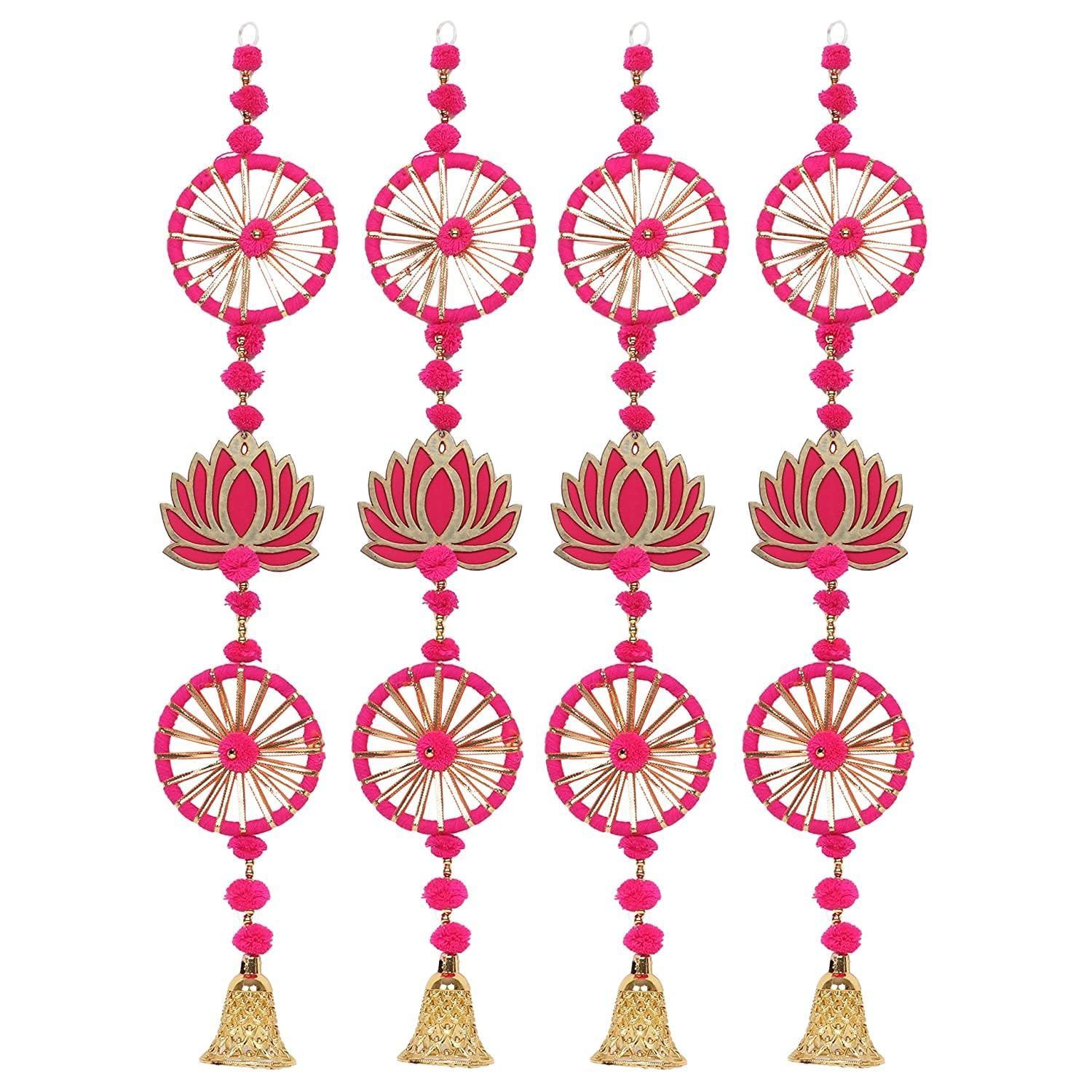 kalakriti Door Hangings for Decoration/Ring Wall Hangings with Lotus for Haldi Mehandi Temple Decor | Pooja Room Decoration Items | Back Dropper | showpiece for Home Decor (Pack of 4, Pink)